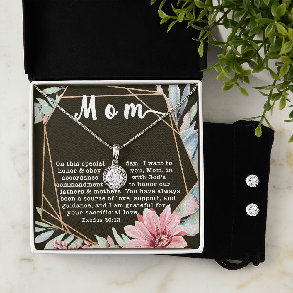 Eternal Hope CZ Crystal 14K White Gold Finish Necklace & Earring ~Exodus 20:12~