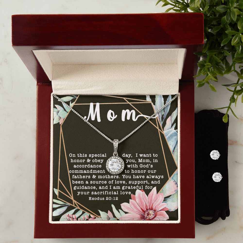 Eternal Hope CZ Crystal 14K White Gold Finish Necklace & Earring ~Exodus 20:12~