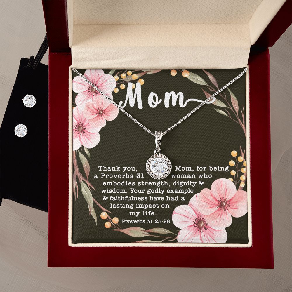 Eternal Hope CZ Crystal 14K White Gold Finish Necklace & Earring ~Proverbs 31:25-28~