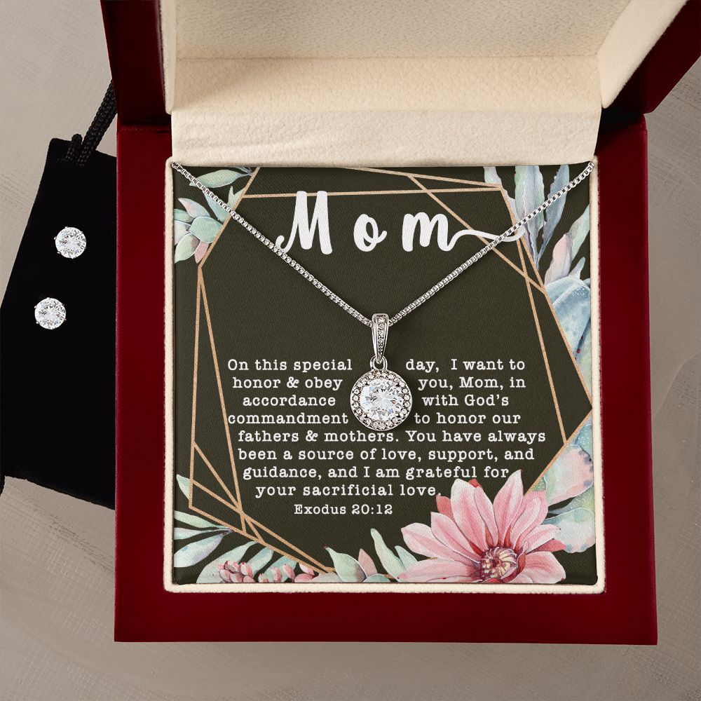 Eternal Hope CZ Crystal 14K White Gold Finish Necklace & Earring ~Exodus 20:12~