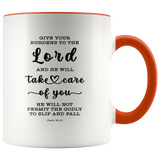 Typography Dishwasher Safe Accent Mugs - Cast Your Burden On The Lord ~Psalm 55:22~
