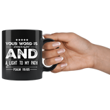 Bible Verses Black Mugs - Psalm 119:105 (Design 16) - Meditate Healing Christian Store