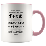 Typography Dishwasher Safe Accent Mugs - Cast Your Burden On The Lord ~Psalm 55:22~