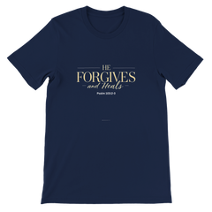 Premium Unisex Crewneck T-shirt | He Forgives And Heals -Psalm 103:2-3 -