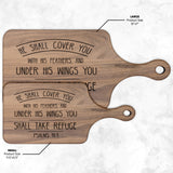 Products Bible Verse Hardwood Paddle Cutting Board - Under His Wings You Shall Take Refuge ~Psalm 91:4~ Design 3