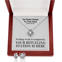 He Gives Power To The Faint (Isaiah 40:29) | Love Knot Necklace & Earring Set