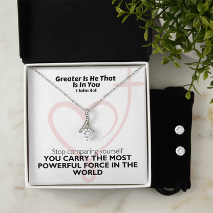 Greater Is He That Is In You (1 John 4:4) | Alluring Beauty Necklace & Earring Set