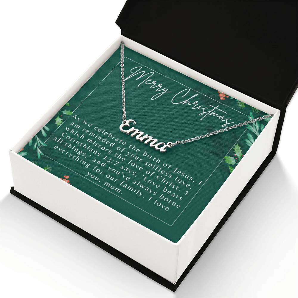 Personalised Name Necklace For Mom ~1 Corinthians 13:7~ (Horizontal)