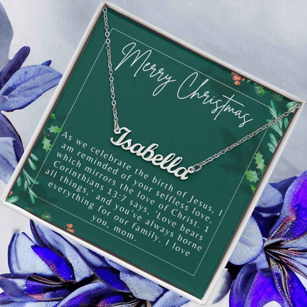 Personalised Name Necklace For Mom ~1 Corinthians 13:7~ (Horizontal)