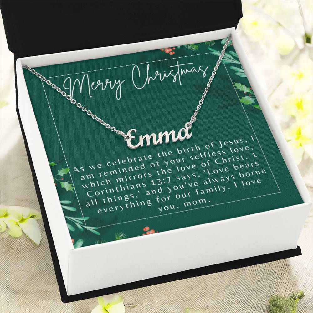 Personalised Name Necklace For Mom ~1 Corinthians 13:7~ (Horizontal)