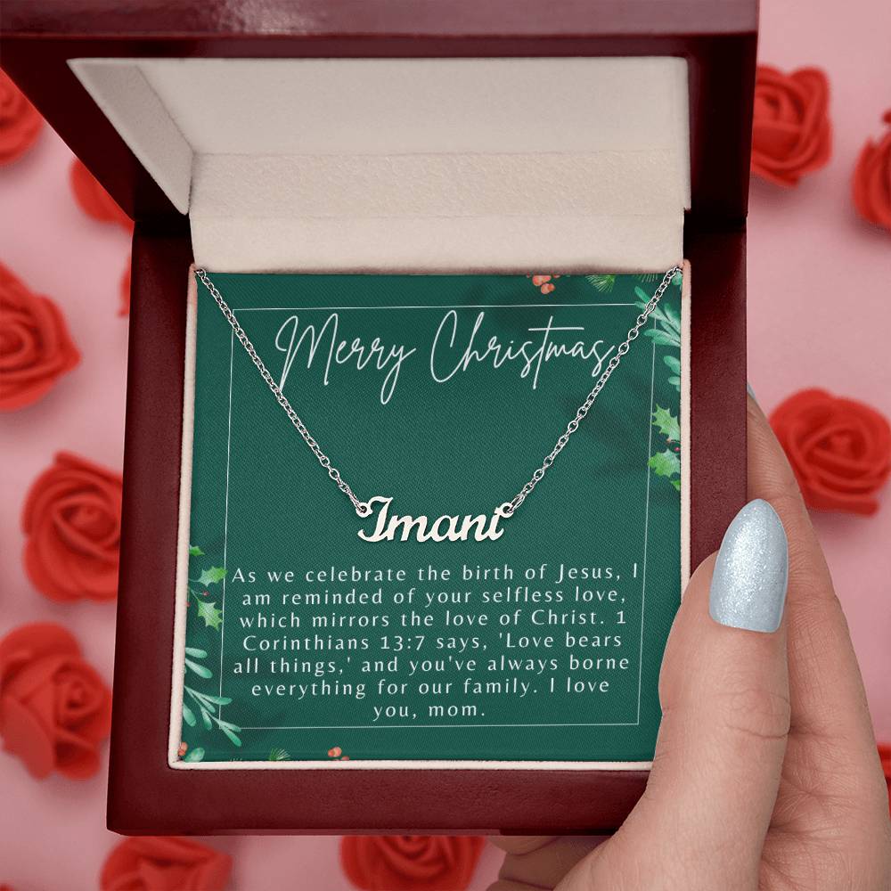 Personalised Name Necklace For Mom ~1 Corinthians 13:7~ (Horizontal)