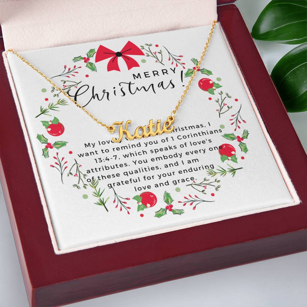 Personalised Name Necklace For Wife ~1 Corinthians 13:4-7~ (Horizontal)