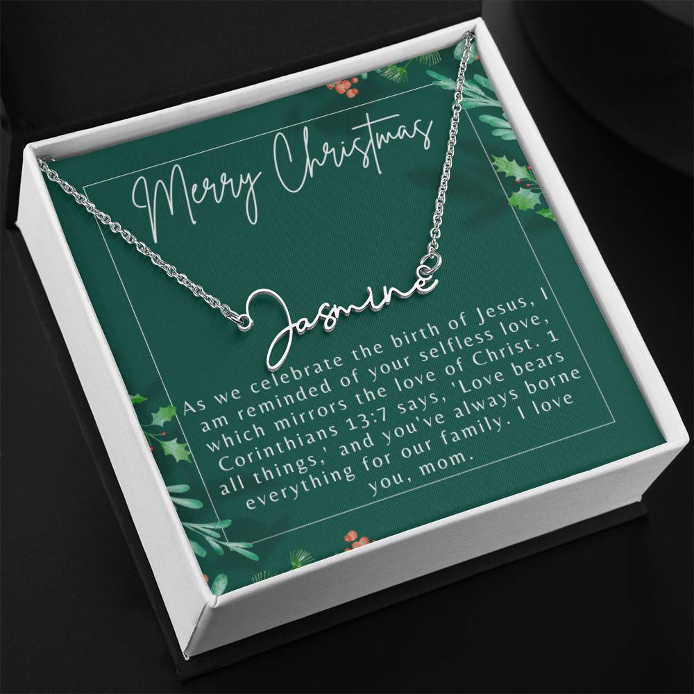 Personalised Name Necklace For Mom ~1 Corinthians 13:7~ (Signature Font)