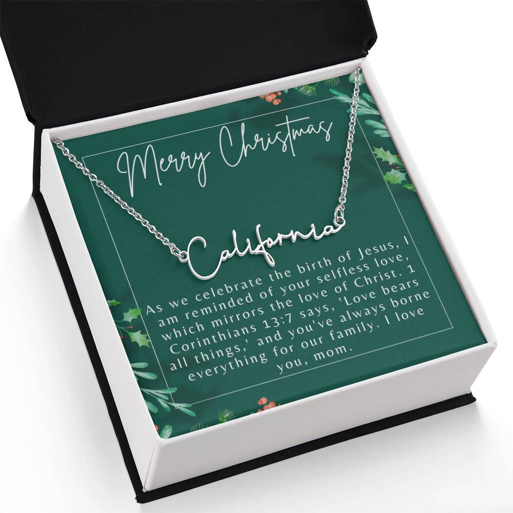 Personalised Name Necklace For Mom ~1 Corinthians 13:7~ (Signature Font)