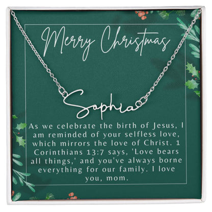 Personalised Name Necklace For Mom ~1 Corinthians 13:7~ (Signature Font)