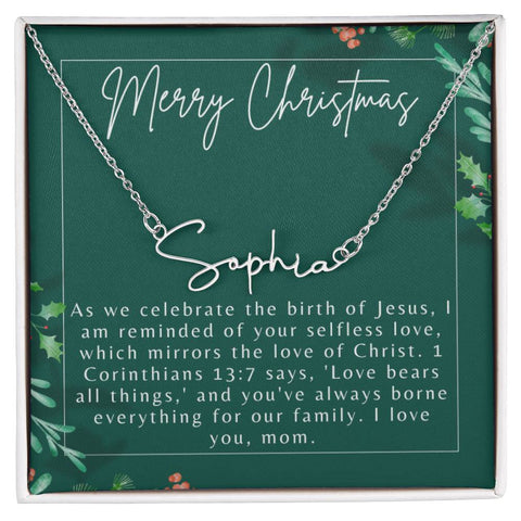 Personalised Name Necklace For Mom ~1 Corinthians 13:7~ (Signature Font)