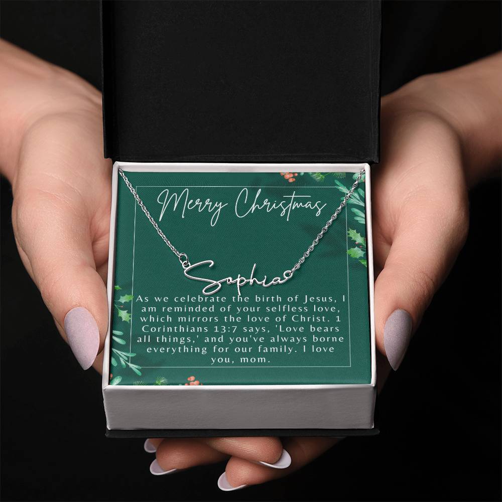 Personalised Name Necklace For Mom ~1 Corinthians 13:7~ (Signature Font)