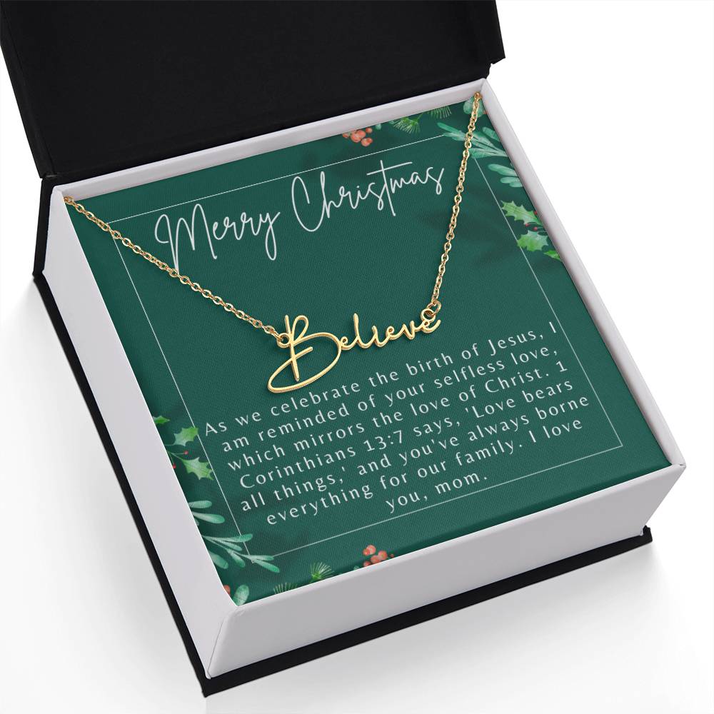Personalised Name Necklace For Mom ~1 Corinthians 13:7~ (Signature Font)