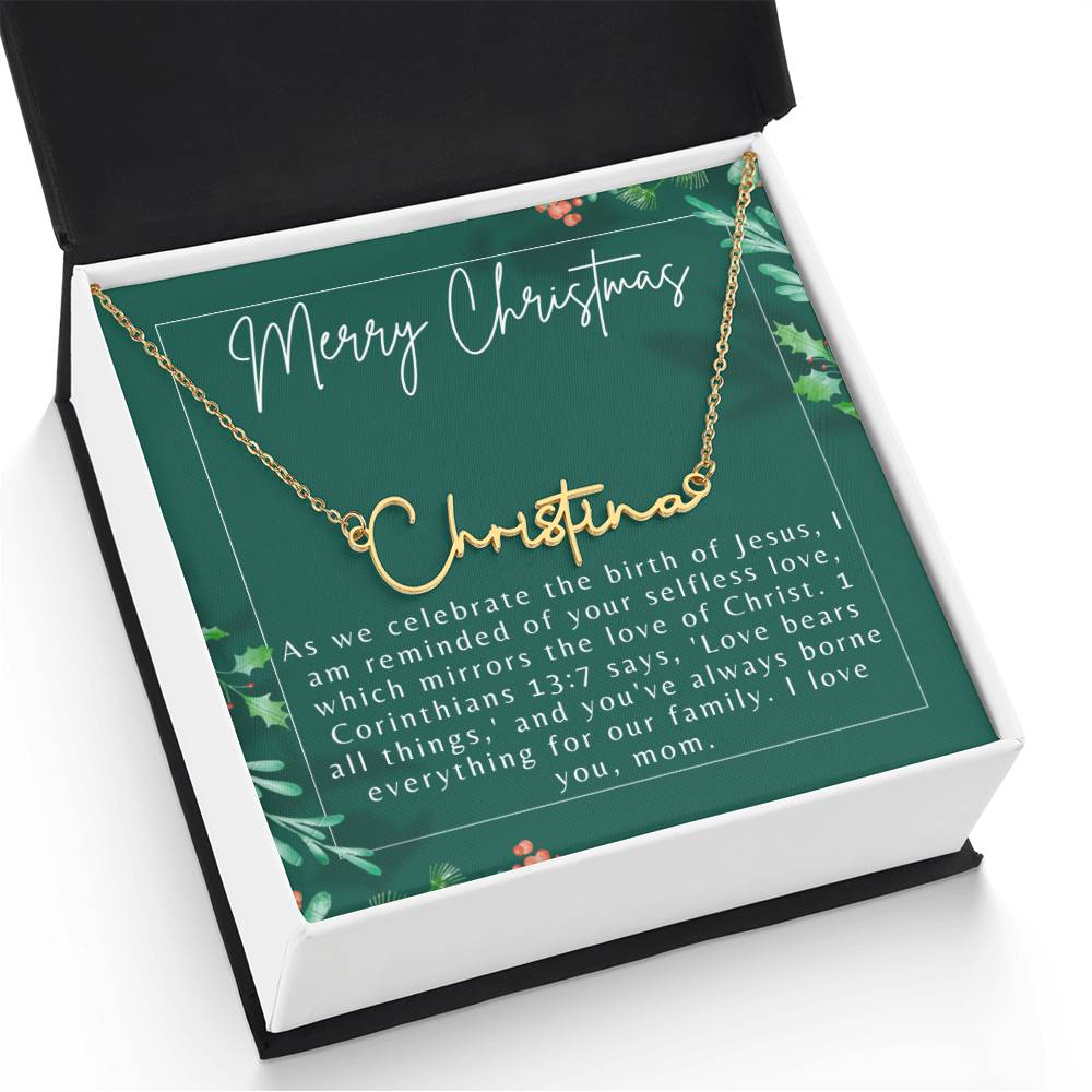 Personalised Name Necklace For Mom ~1 Corinthians 13:7~ (Signature Font)