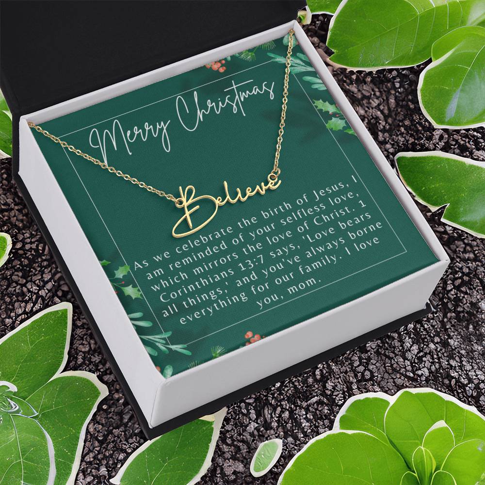 Personalised Name Necklace For Mom ~1 Corinthians 13:7~ (Signature Font)