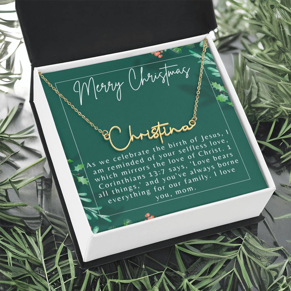 Personalised Name Necklace For Mom ~1 Corinthians 13:7~ (Signature Font)
