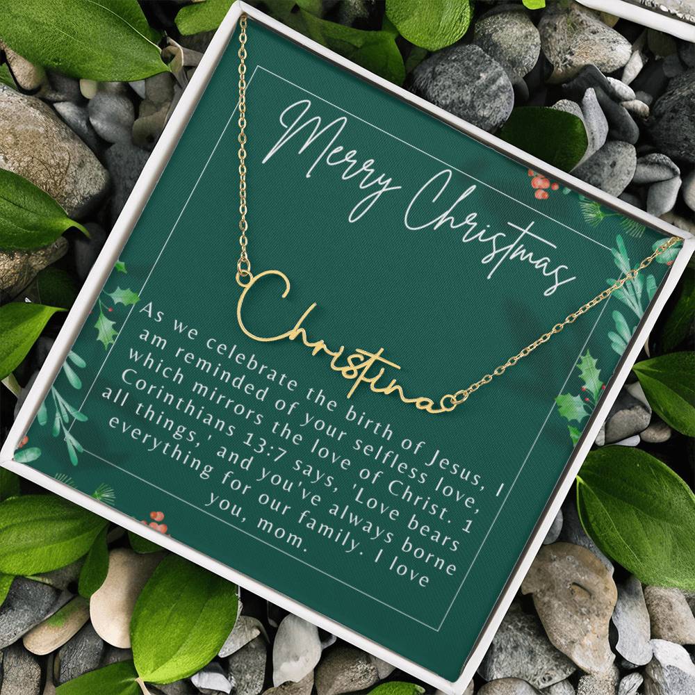 Personalised Name Necklace For Mom ~1 Corinthians 13:7~ (Signature Font)