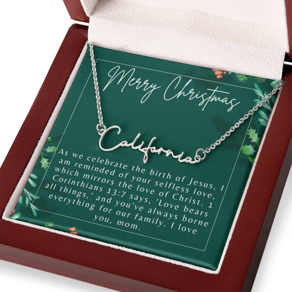Personalised Name Necklace For Mom ~1 Corinthians 13:7~ (Signature Font)
