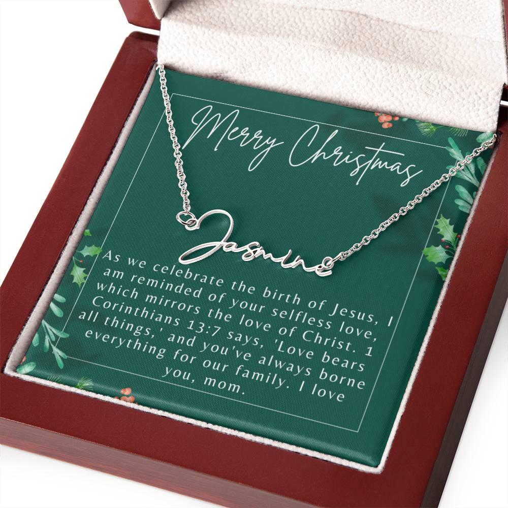 Personalised Name Necklace For Mom ~1 Corinthians 13:7~ (Signature Font)