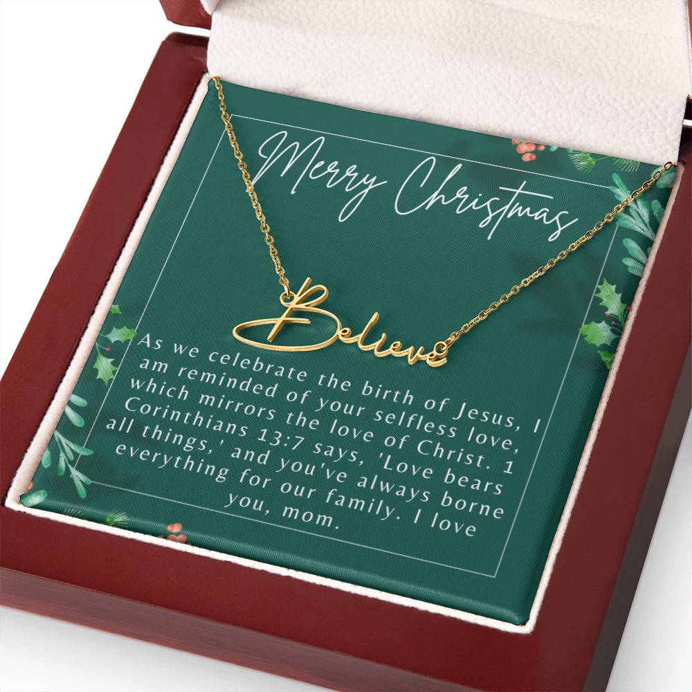 Personalised Name Necklace For Mom ~1 Corinthians 13:7~ (Signature Font)