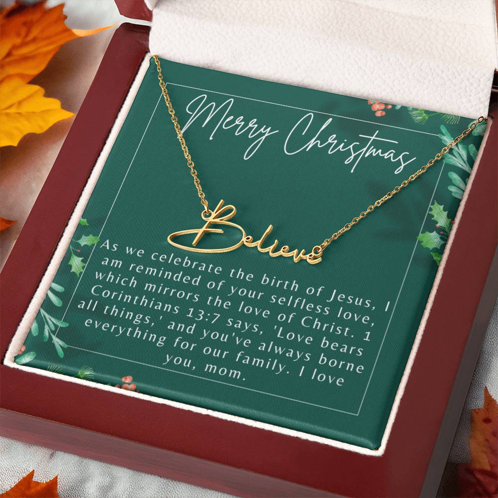 Personalised Name Necklace For Mom ~1 Corinthians 13:7~ (Signature Font)