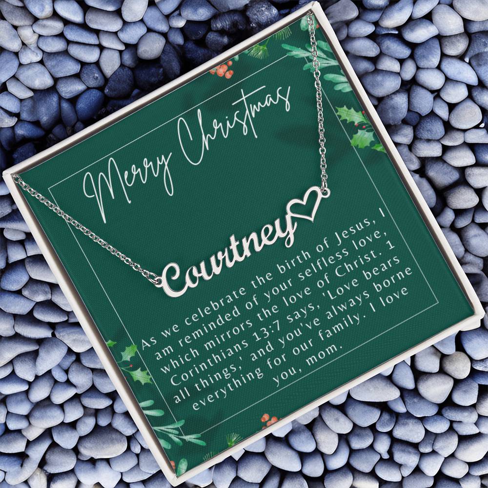 Personalised Name Necklace For Mom ~1 Corinthians 13:7~ (Heart)