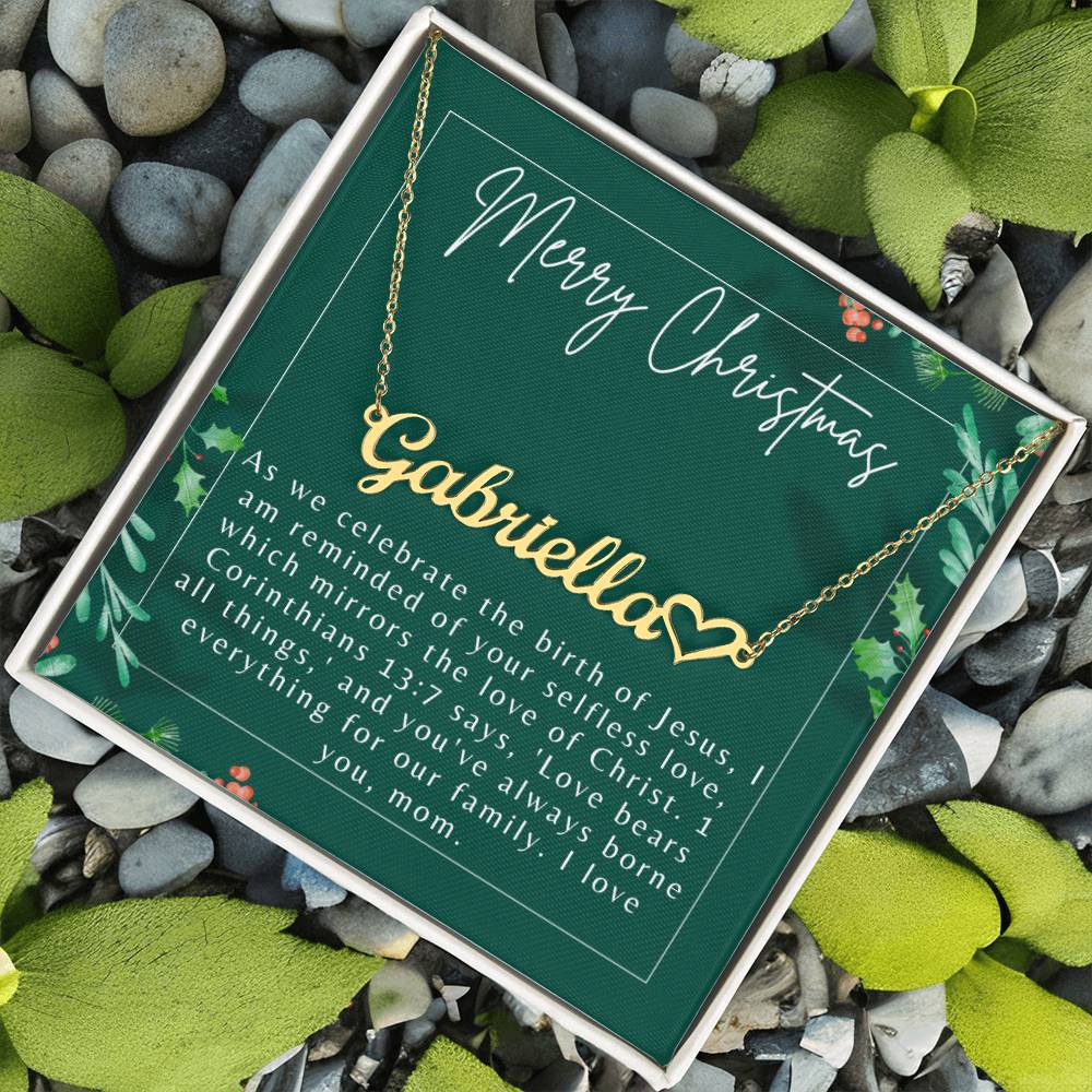 Personalised Name Necklace For Mom ~1 Corinthians 13:7~ (Heart)