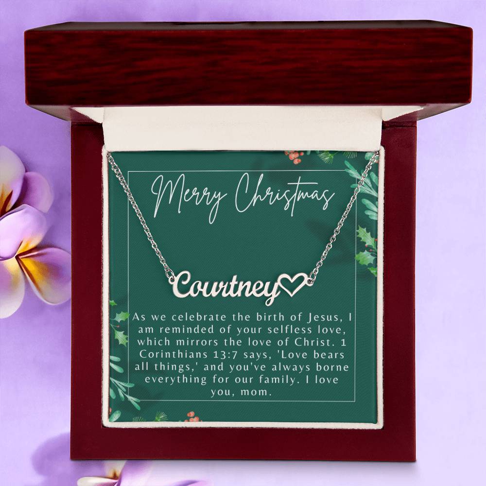 Personalised Name Necklace For Mom ~1 Corinthians 13:7~ (Heart)