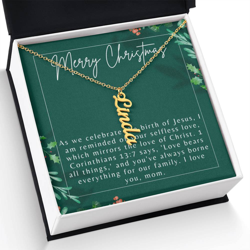 Personalised Name Necklace For Mom ~1 Corinthians 13:7~ (Vertical)