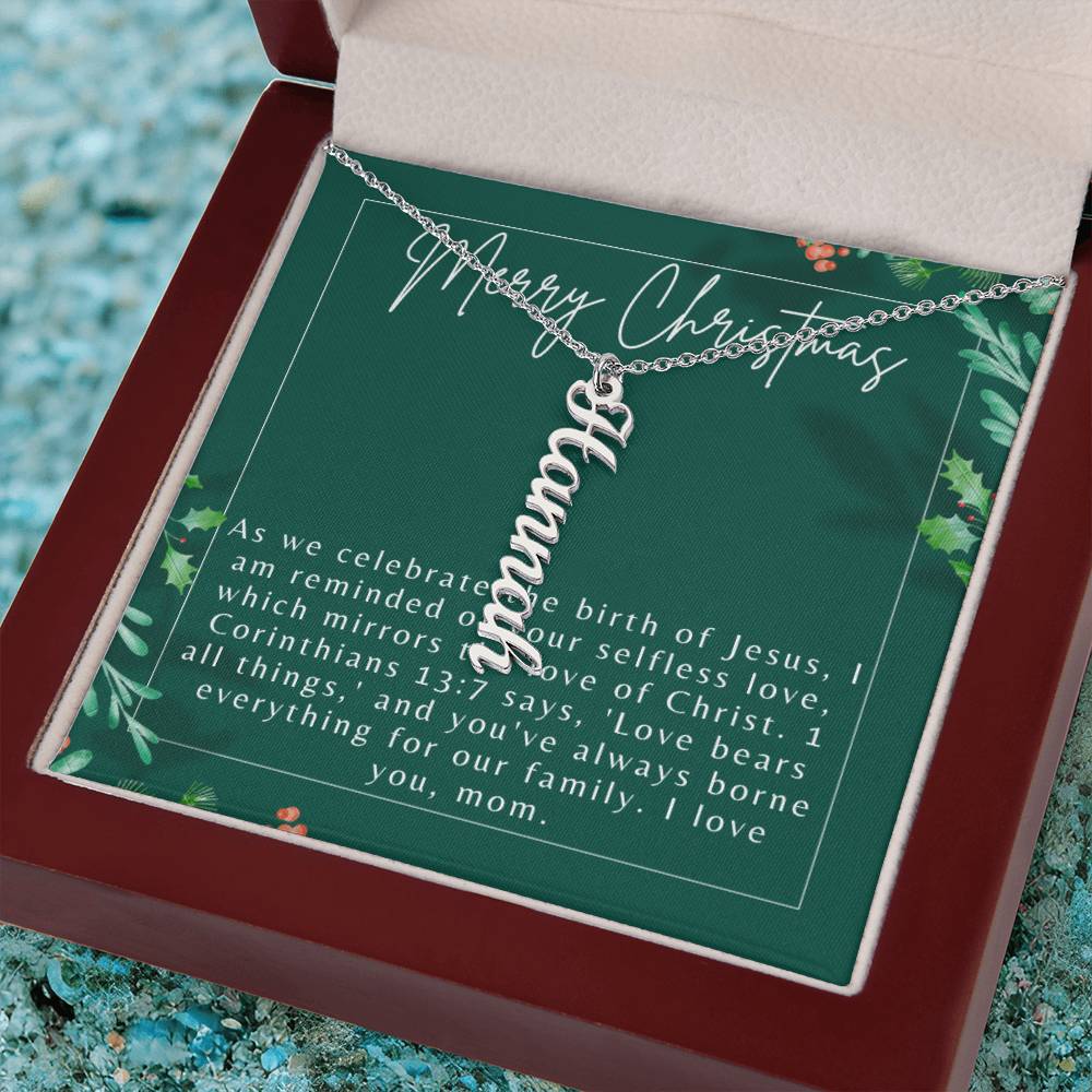 Personalised Name Necklace For Mom ~1 Corinthians 13:7~ (Vertical)