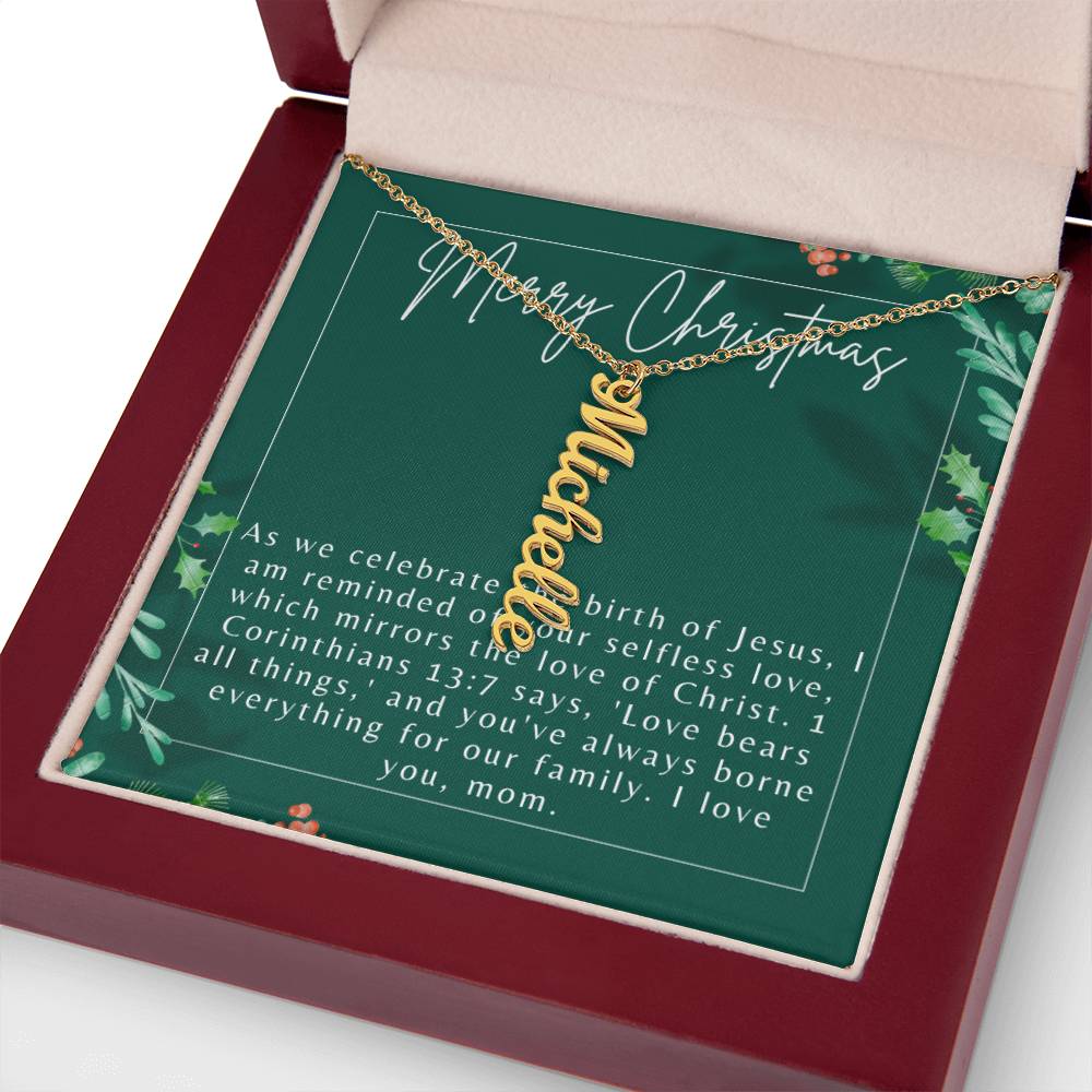 Personalised Name Necklace For Mom ~1 Corinthians 13:7~ (Vertical)