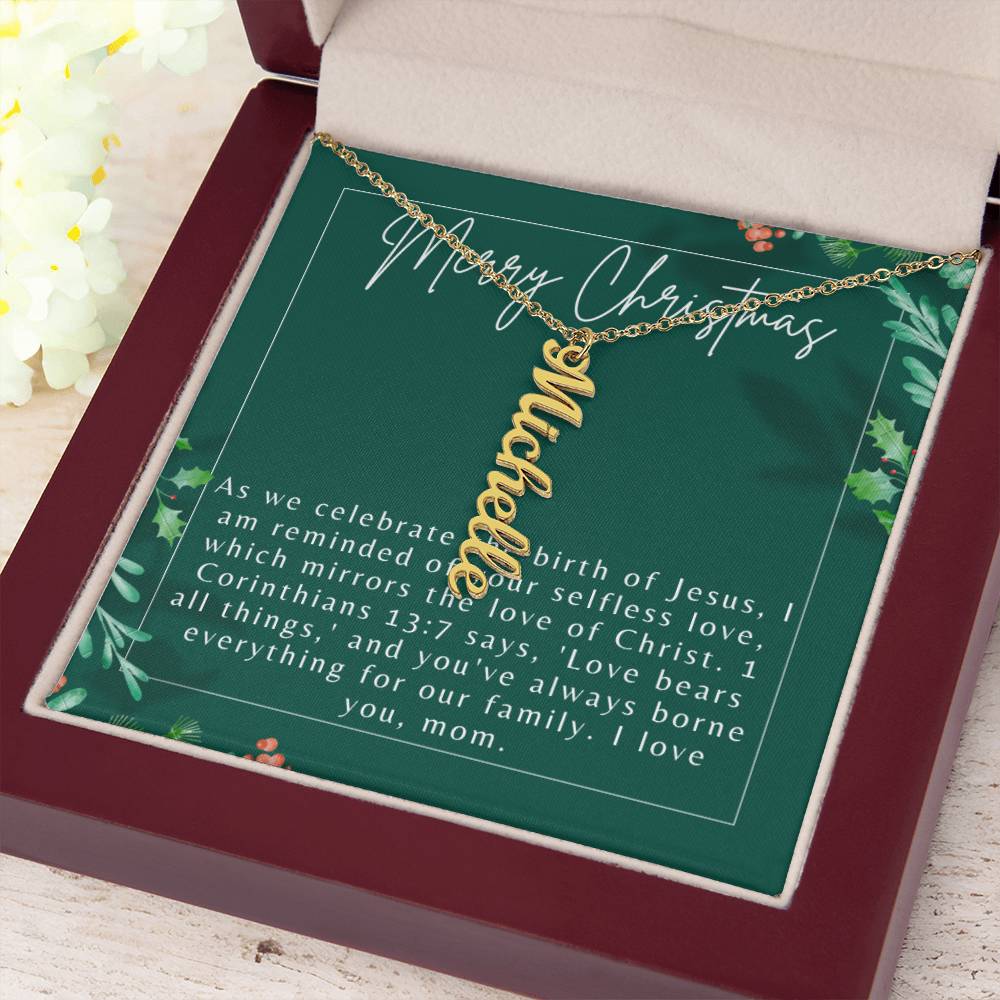 Personalised Name Necklace For Mom ~1 Corinthians 13:7~ (Vertical)