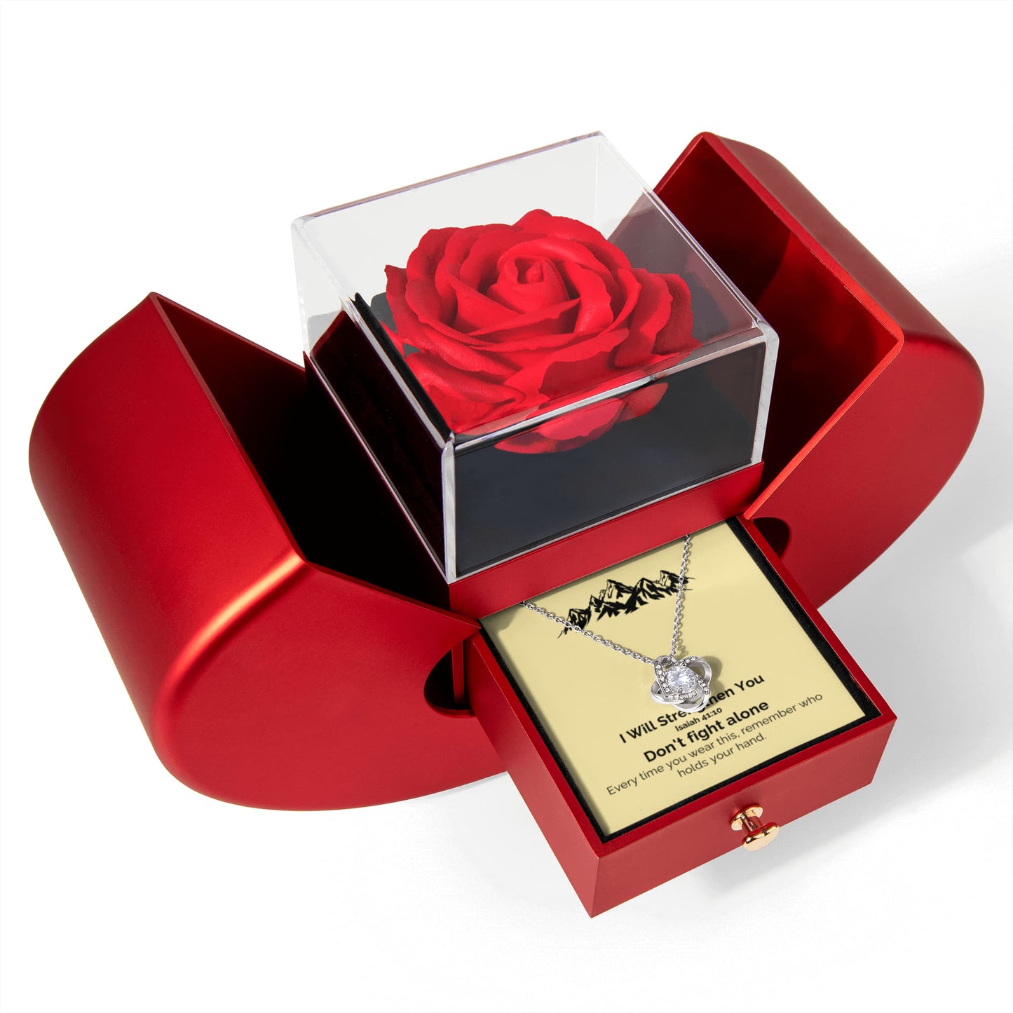 I Will Strengthen You (Isaiah 41:10) | Love Knot Necklace in Red Heart Rose Box