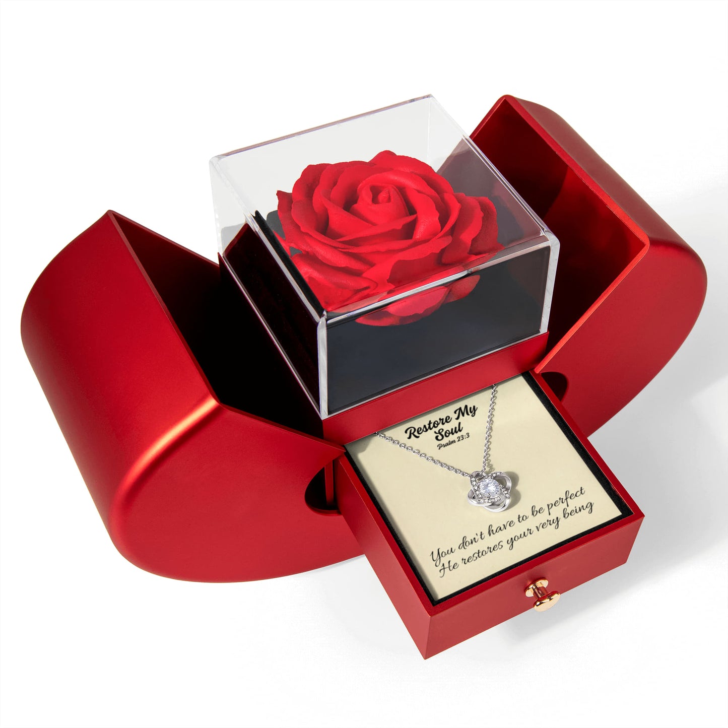 Restore My Soul (Psalm 23:3) | Love Knot Necklace in Red Heart Rose Box
