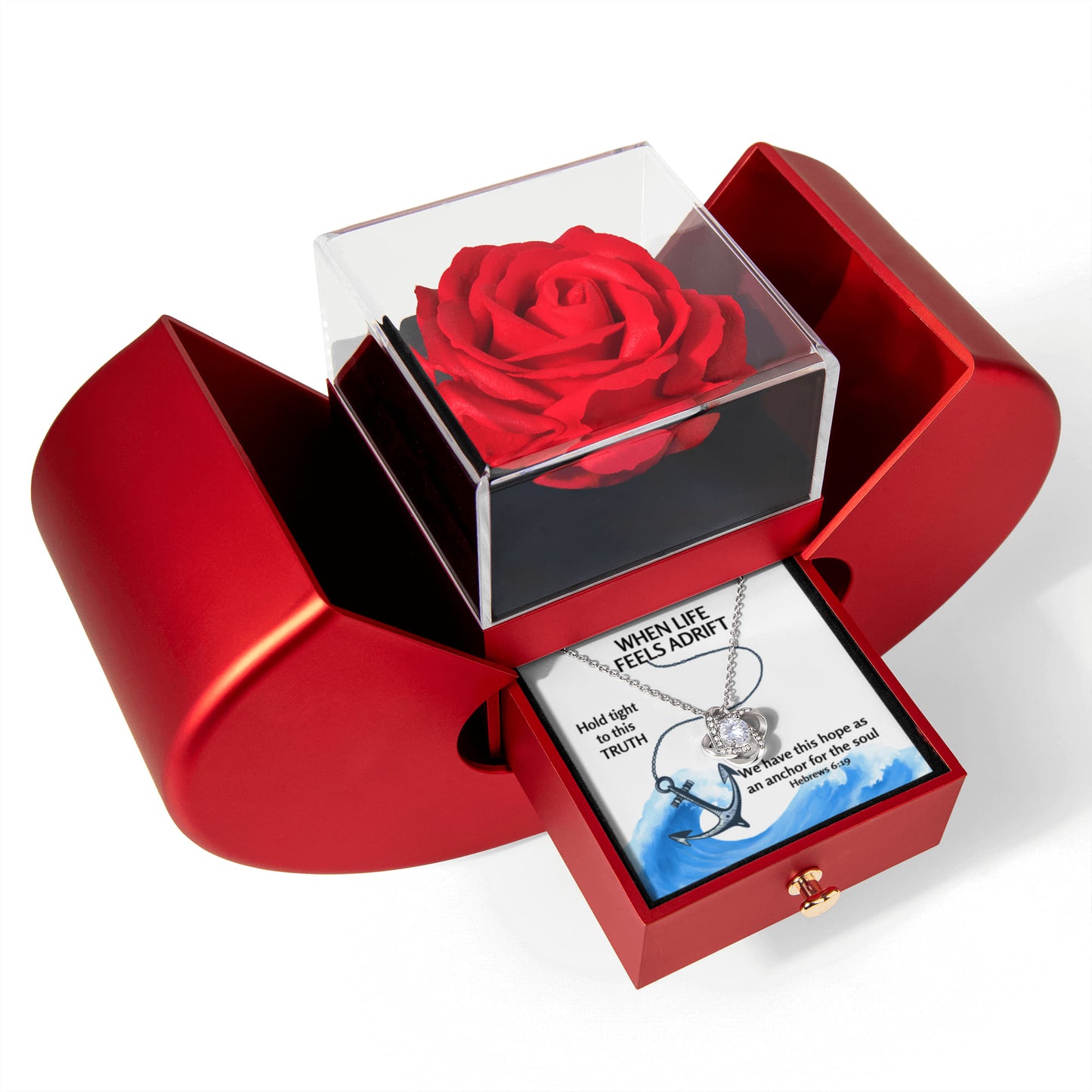 Hope Anchors The Soul (Hebrews 6:19) | Love Knot Necklace in Red Heart Rose Box