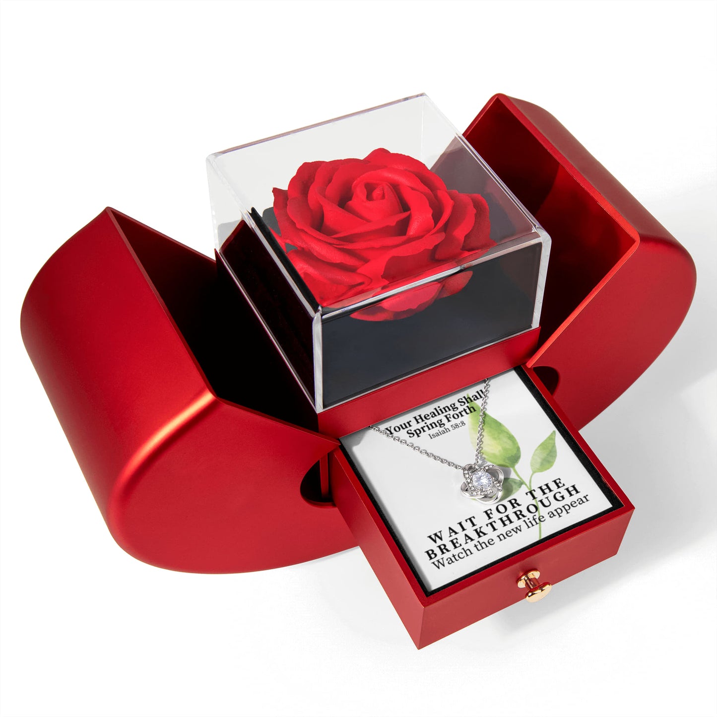 Your Healing Shall Spring Forth (Isaiah 58:8) | Love Knot Necklace in Red Heart Rose Box