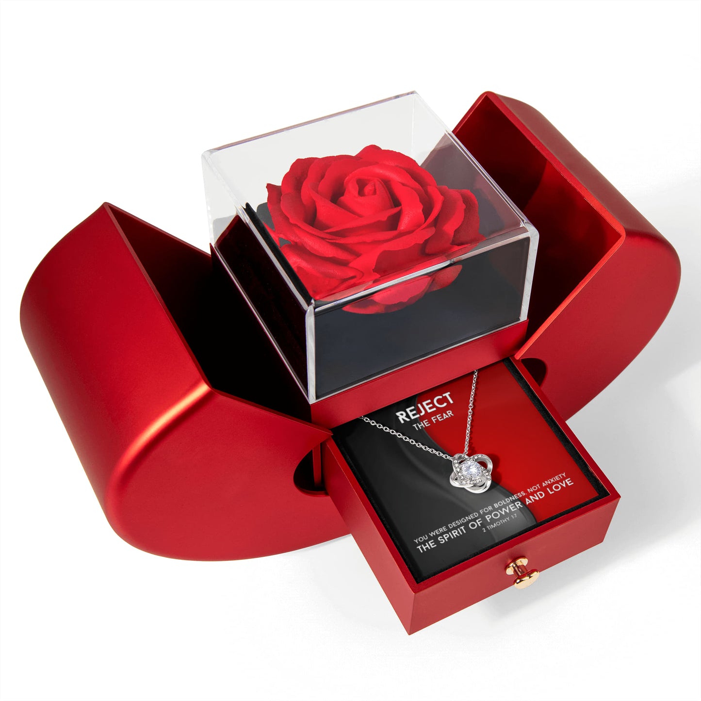 The Spirit Of Power And Love (2 Timothy 1:7) | Love Knot Necklace in Red Heart Rose Box