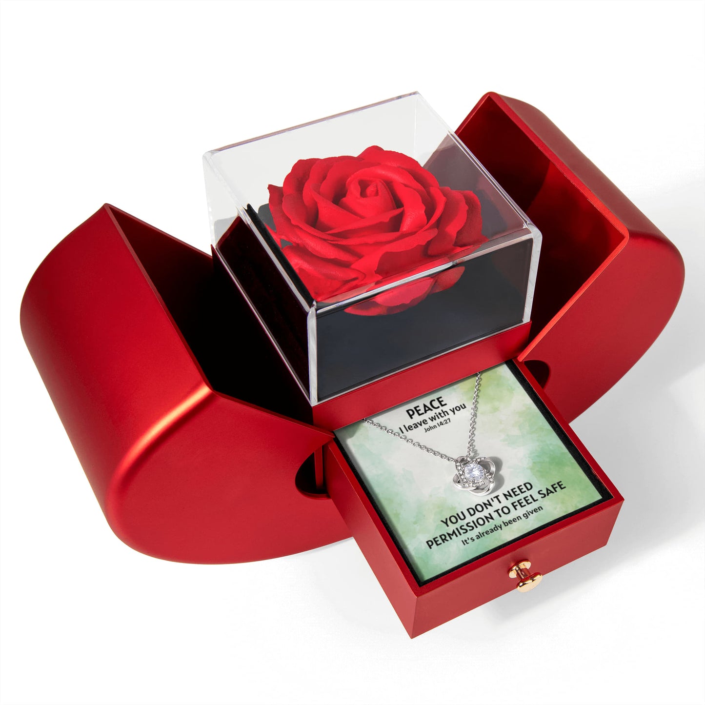 Peace I Leave With You (John 14:27) | Love Knot Necklace in Red Heart Rose Box