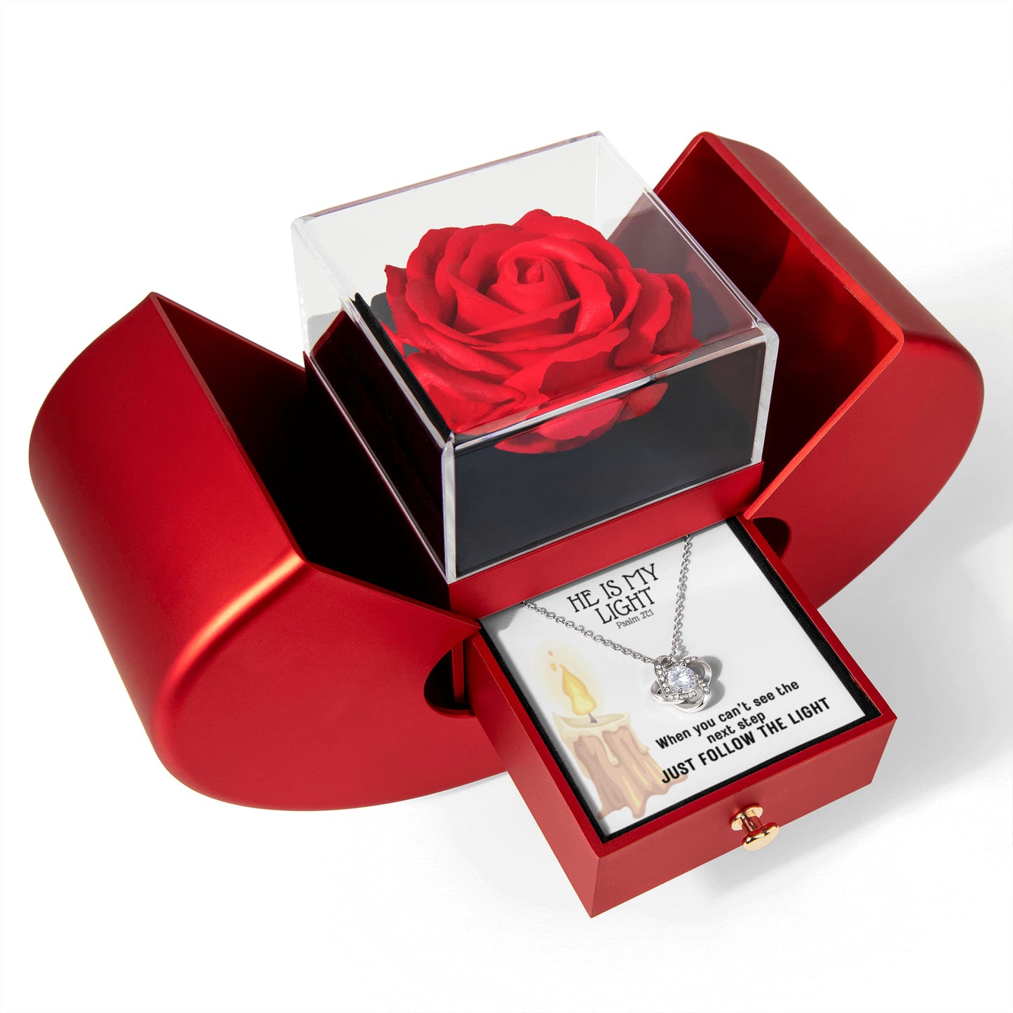 He Is My Light (Psalm 27:1) | Love Knot Necklace in Red Heart Rose Box