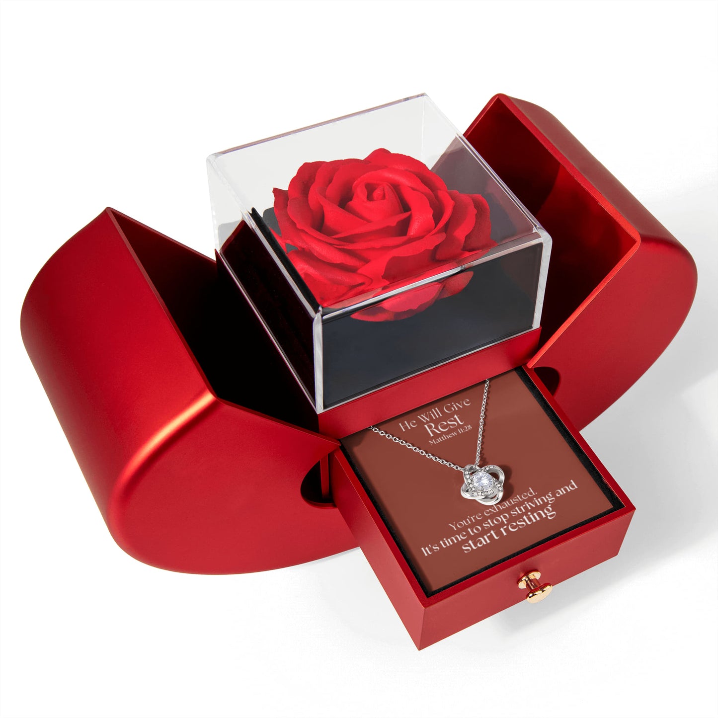 He Will Give  Rest (Matthew 11:28) | Love Knot Necklace in Red Heart Rose Box