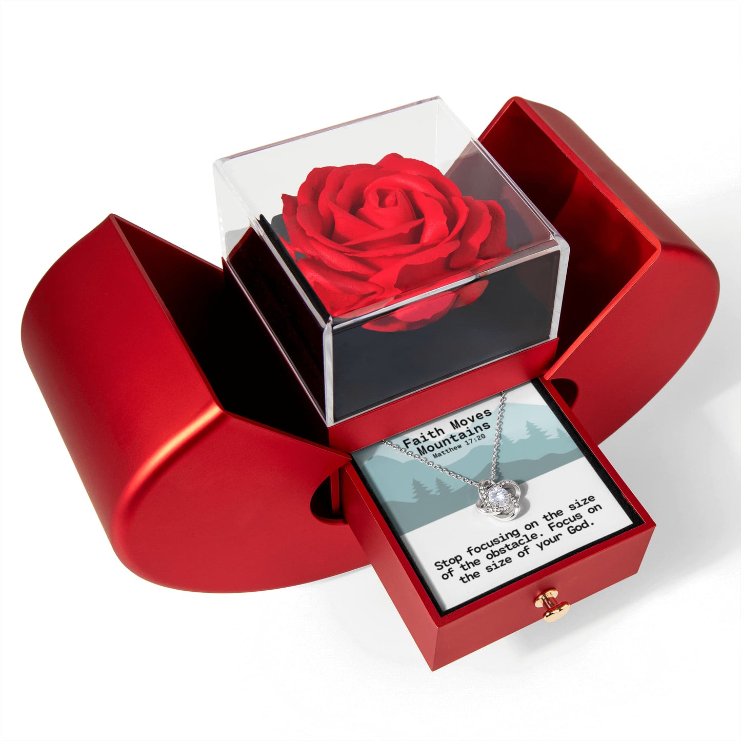 Faith Moves Mountains (Matthew 17:20) | Love Knot Necklace in Red Heart Rose Box