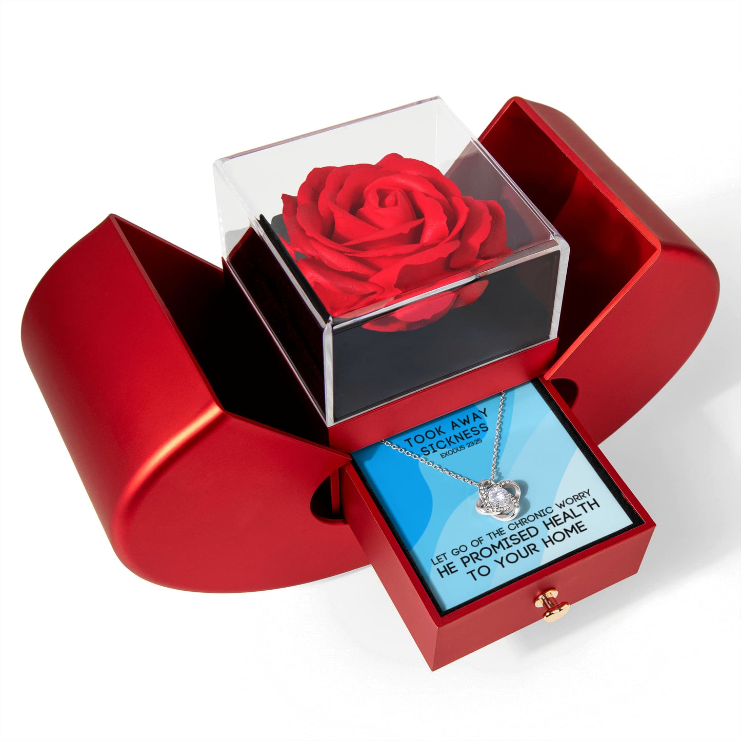 Took Away Sickness (Exodus 23:25) | Love Knot Necklace in Red Heart Rose Box
