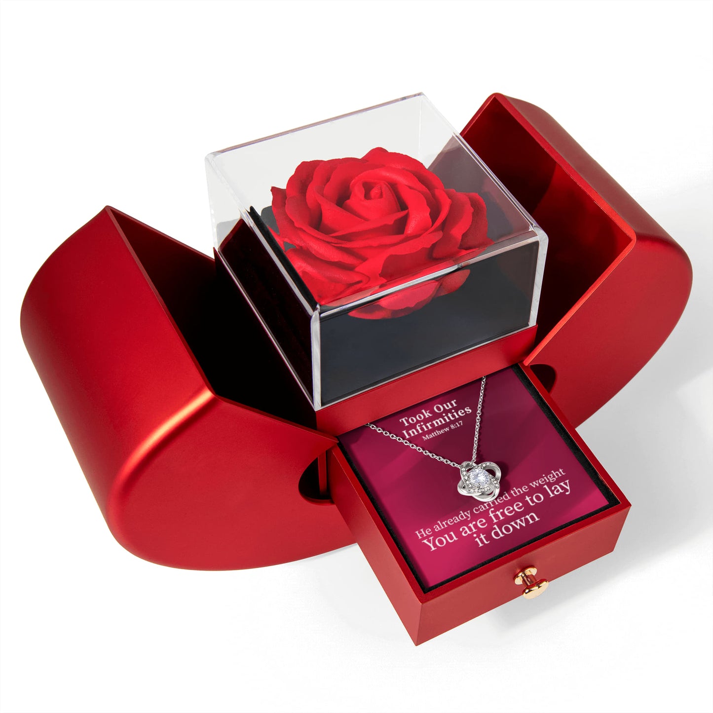 Took Our Infirmities (Matthew :17) | Love Knot Necklace in Red Heart Rose Box