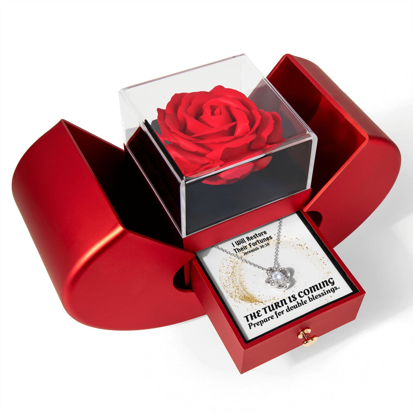 I Will Restore Their Fortunes (Jeremiah 30:18) | Love Knot Necklace in Red Heart Rose Box