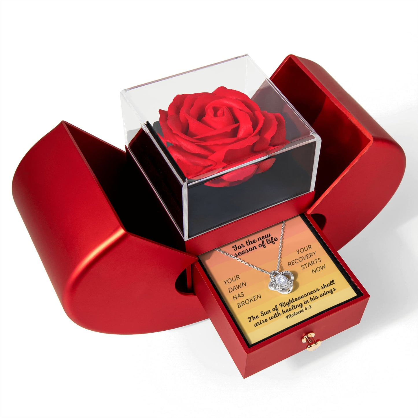 Healing In His Wings (Malachi 4:2) | Love Knot Necklace in Red Heart Rose Box